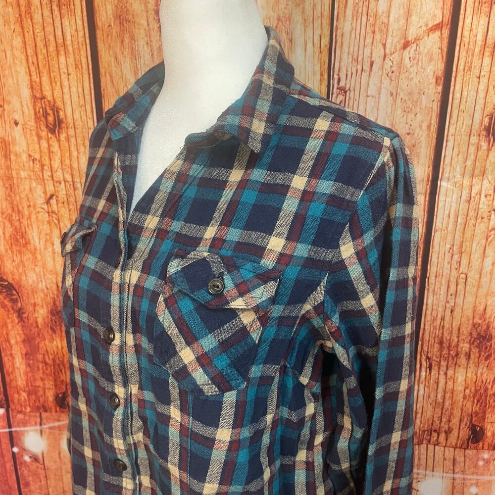 Bit & Bridle 100% Cotton Plaid button down shirt women size Medium red cream blu